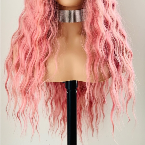 Long 28” Wavy Dusty Pink Synthetic Lace Front Wig - Picture 5 of 15